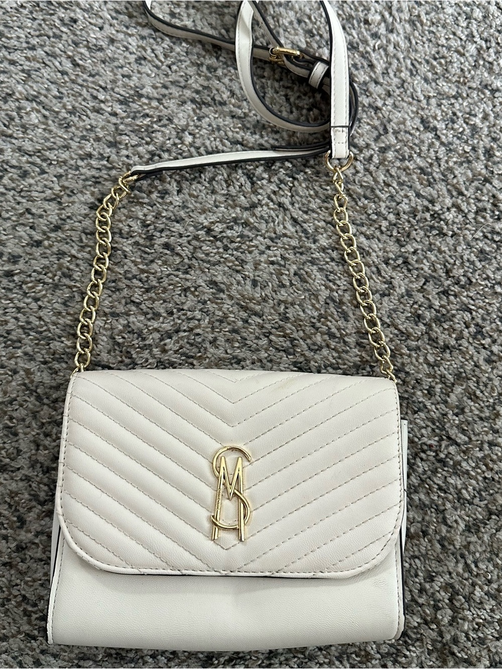 White Quilted Crossbody Bag with Gold Logo Accent